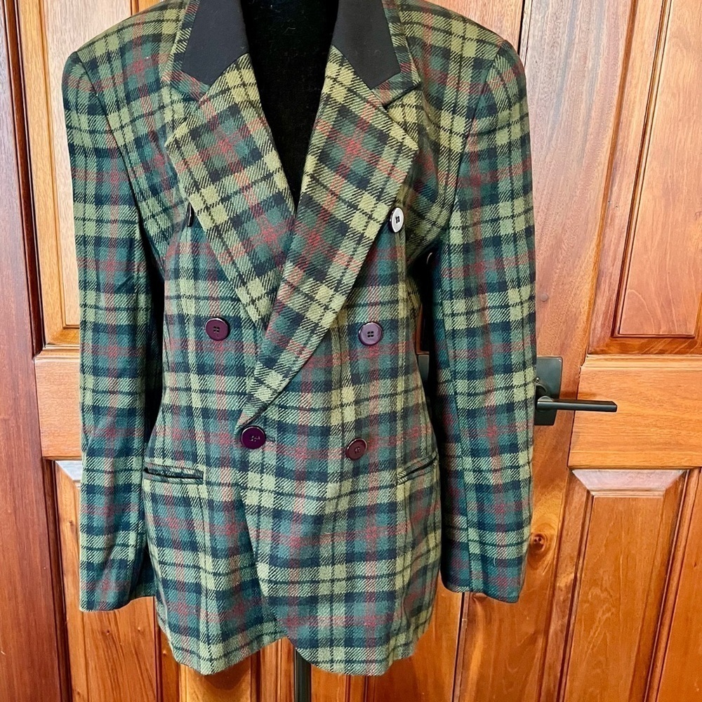 Jones New York Vintage 100% Wool Size 14 Navy Green Black Plaid Jacket Blazer